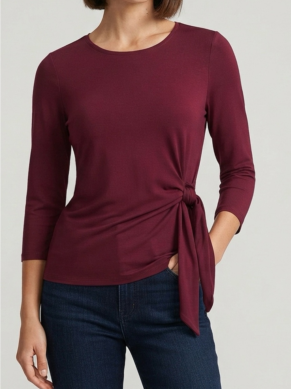 Elle Side-Tie Long Sleeve Top in Deep Burgundy